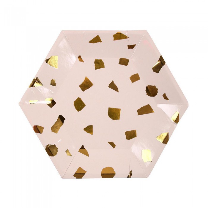 Šešiakampės rožinės lėkštutės su aukso detalėmis (8vnt,18cm)
