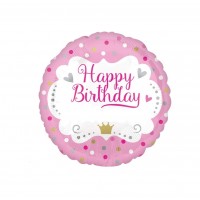 Folinis apvalus balionas rožinis "Happy birthday  karūna" (46cm)