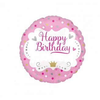 Folinis apvalus balionas rožinis "Happy birthday  karūna" (46cm)