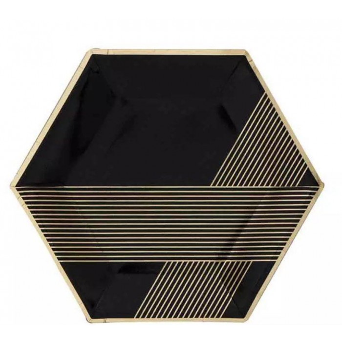Lėkštutės juodos su aukso spalvos dekoracijomis (8vnt, 23cm)