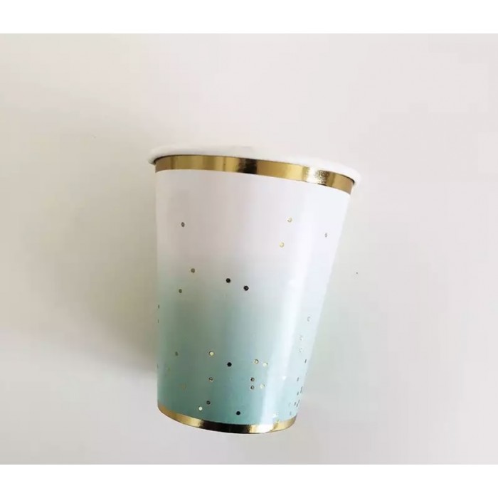 Žalsvos spalvos puodeliai su aukso taškeliais (8vnt)