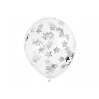 Skaidrūs balionai su sidabro spalvos žvaigždutėmis (6vnt)