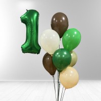 Helio balionų puokštė, žalių atspalvių ir foliniu skaičiu 1 (8vnt)