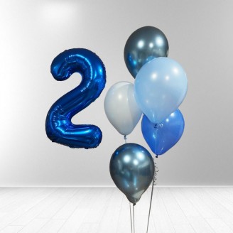 Helio balionų puokštė, mėlynų atspalvių ir foliniu skaičiu 2 (6vnt)