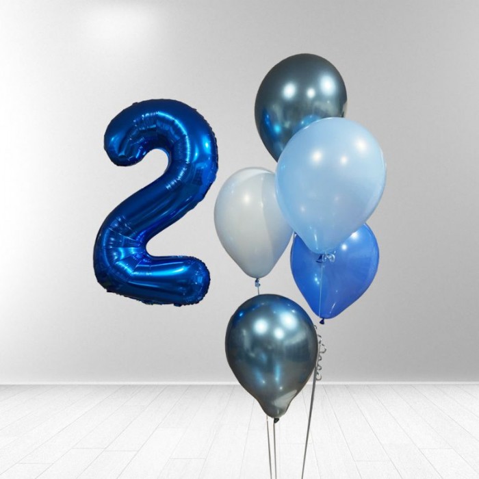 Helio balionų puokštė, mėlynų atspalvių ir foliniu skaičiu 2 (6vnt)