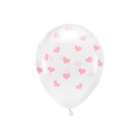 Skaidrūs balionai su rožinėmis širdelėmis (6vnt, 33cm)