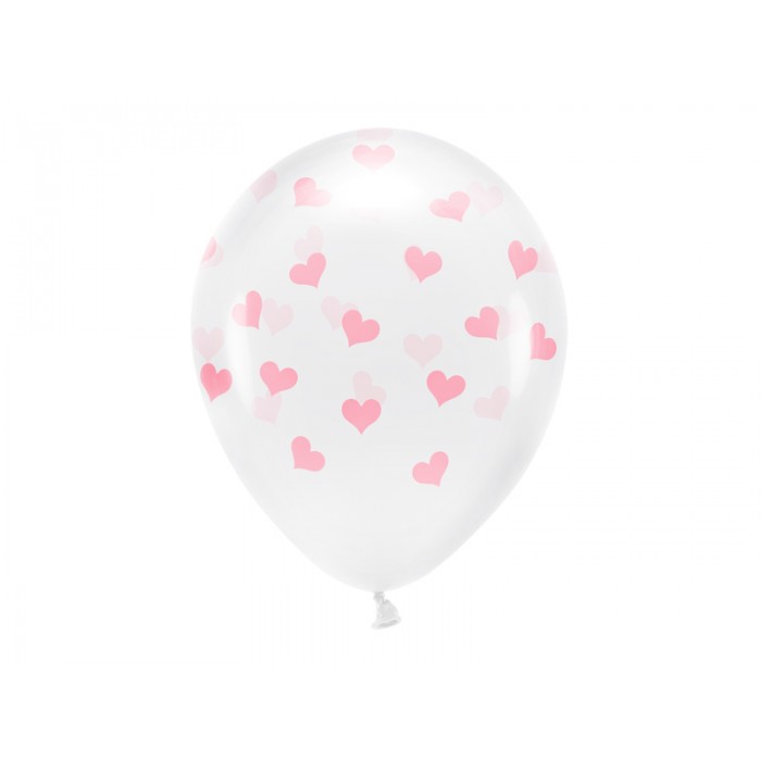 Skaidrūs balionai su rožinėmis širdelėmis (6vnt, 33cm)