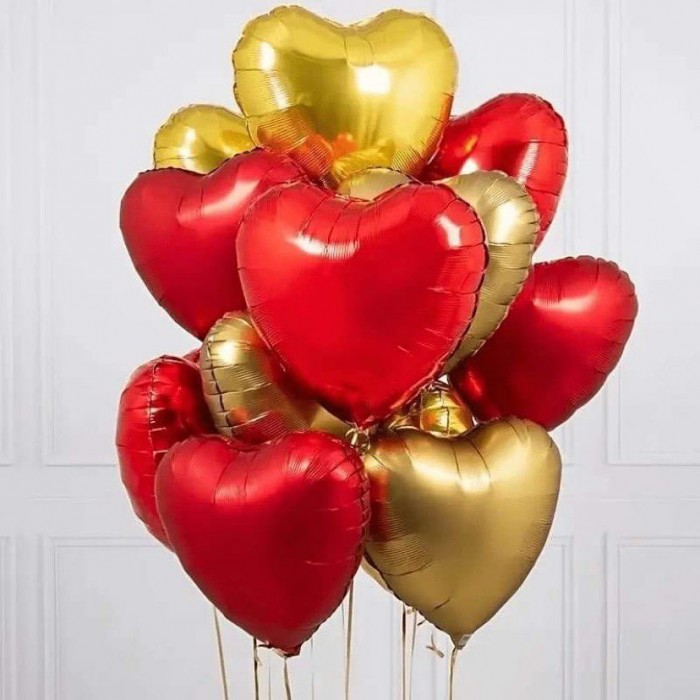 Helio balionų puokštė, auksinės/raudonos širdelės (10vnt, 46cm)