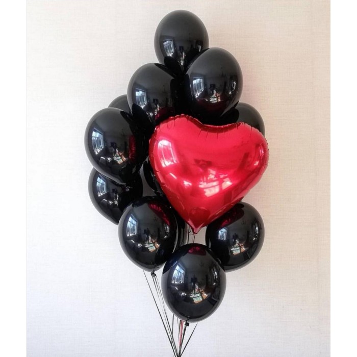 Helio balionų puokštė, juodi su raudona širdimi (11vnt)