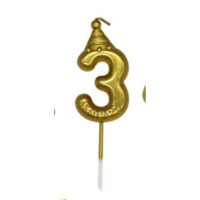 Auksinė happy žvakutė skaičius 3 (8cm)