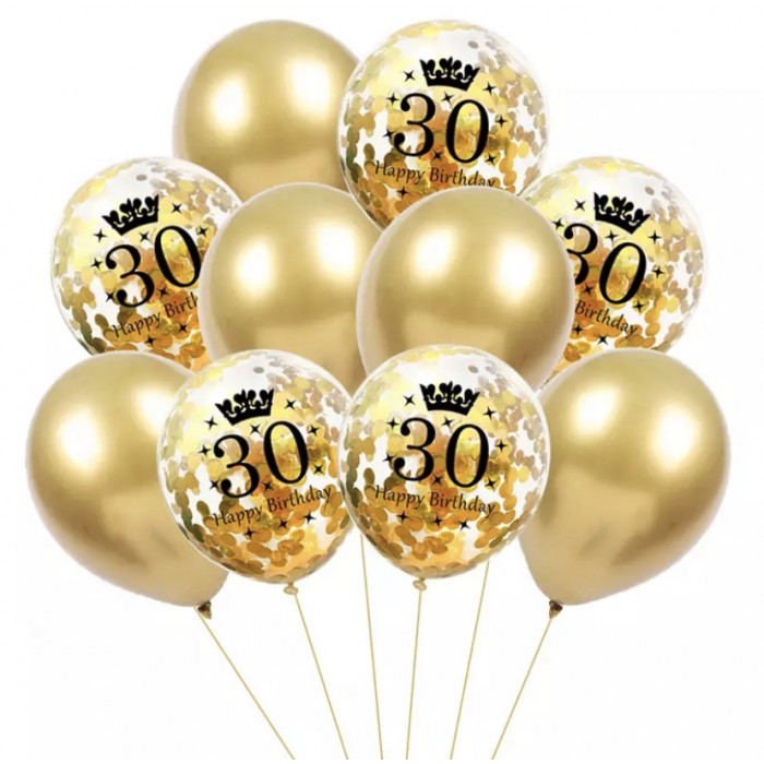 Balionai 30 Happy birthday, auksiniai (10vnt, 30cm) Balionai 30 Happy birthday, auksiniai (10vnt, 30cm)